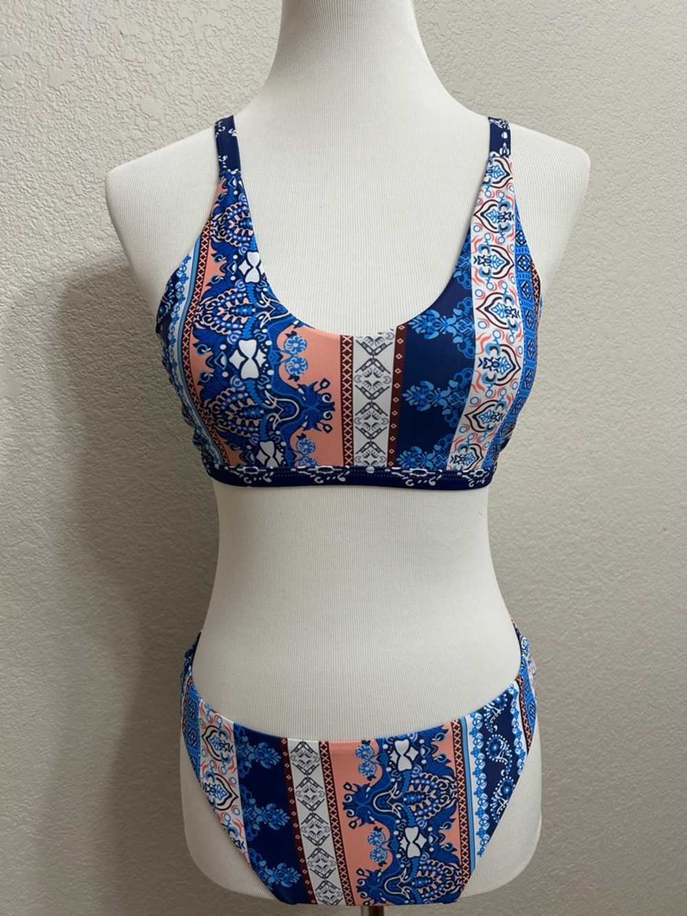 Romwe Women’s Patchwork Boho Bikini Set Medium Navy Blue Orange Floral Geometric